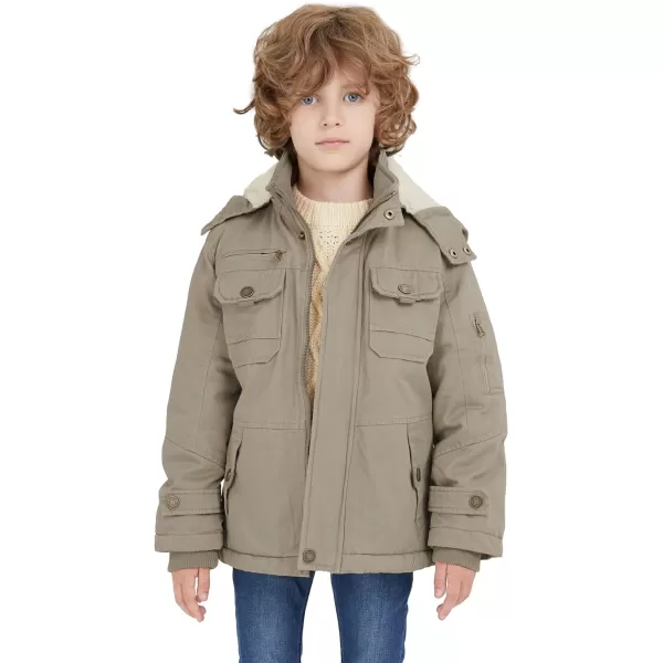 WenVen Boys Winter Sherpa Jacket Heavy Twill Cotton Military Coat with HoodKhaki