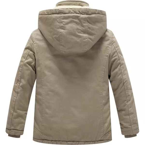 WenVen Boys Winter Sherpa Jacket Heavy Twill Cotton Military Coat with HoodKhaki