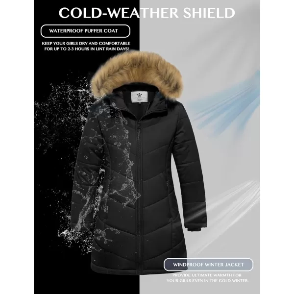 WenVen Girls Winter Warm Fleece Lined Hooded Jacket Water Resistant Puffer CoatBlack