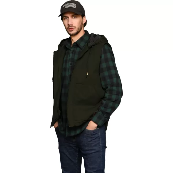 WenVen Mens Quilted Lined Multi Pockets Casual Vest with HoodArmy Green