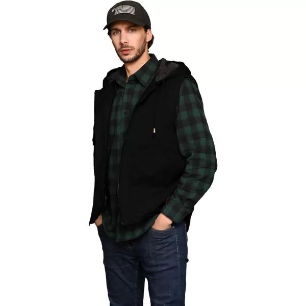 WenVen Mens Quilted Lined Multi Pockets Casual Vest with HoodBlack