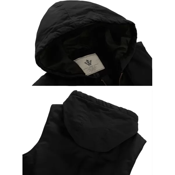 WenVen Mens Quilted Lined Multi Pockets Casual Vest with HoodBlack