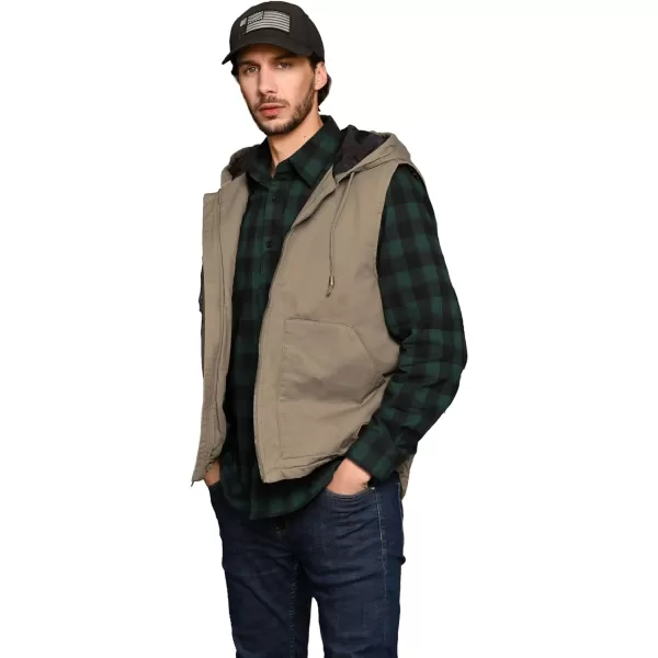 WenVen Mens Quilted Lined Multi Pockets Casual Vest with HoodKhaki