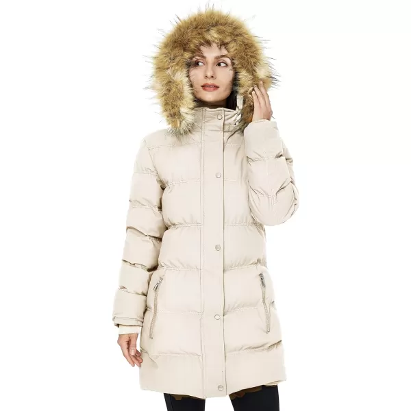 WenVen Womens Winter Long Puffer Coat Parka Jacket with Faux Fur Removable HoodBeige