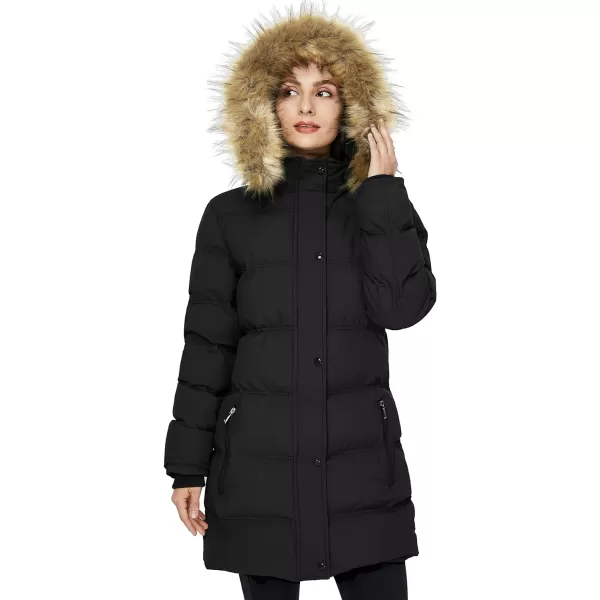 WenVen Womens Winter Long Puffer Coat Parka Jacket with Faux Fur Removable HoodBlack
