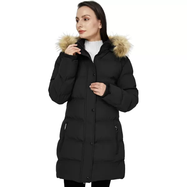 WenVen Womens Winter Long Puffer Coat Parka Jacket with Faux Fur Removable HoodBlack
