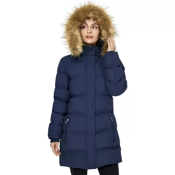 WenVen Womens Winter Long Puffer Coat Parka Jacket with Faux Fur Removable HoodNavy