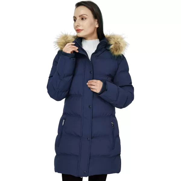 WenVen Womens Winter Long Puffer Coat Parka Jacket with Faux Fur Removable HoodNavy