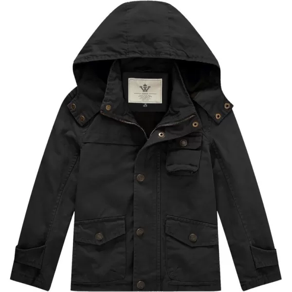 WenVen Boys Lightweight Spring Cotton Canvas Military Jacket with HoodBblack