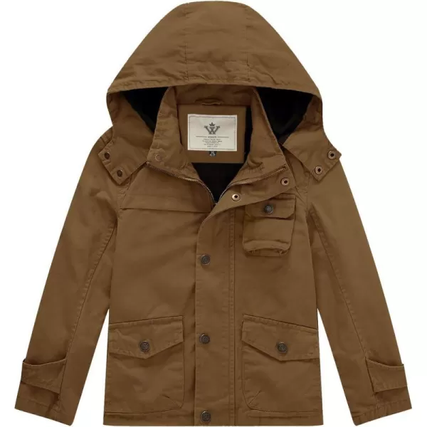 WenVen Boys Lightweight Spring Cotton Canvas Military Jacket with HoodBbrown