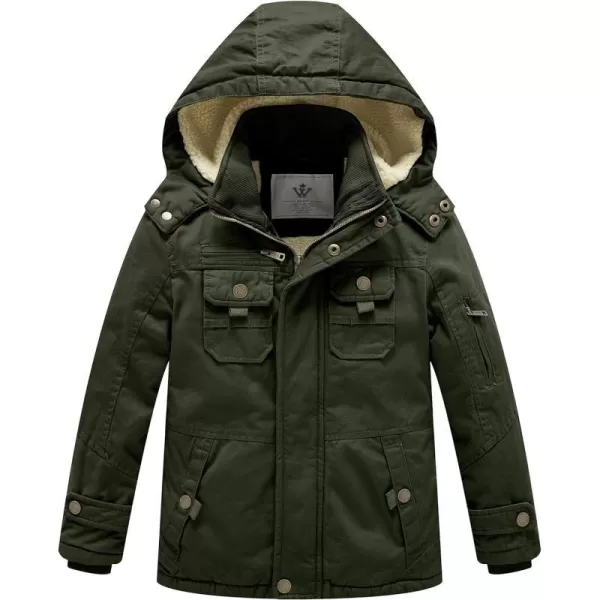 WenVen Boys Winter Sherpa Jacket Heavy Twill Cotton Military Coat with HoodArmy Green