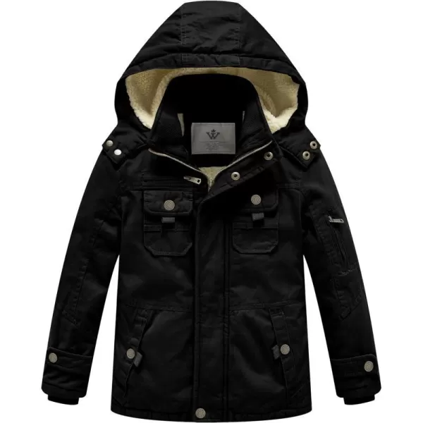 WenVen Boys Winter Sherpa Jacket Heavy Twill Cotton Military Coat with HoodBlack