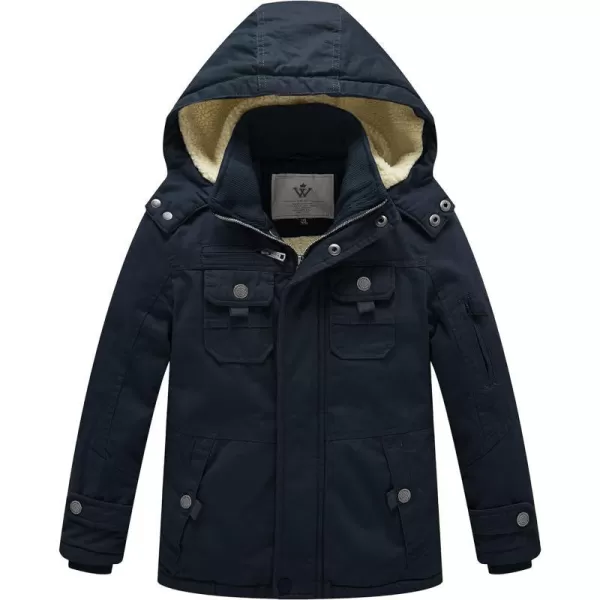 WenVen Boys Winter Sherpa Jacket Heavy Twill Cotton Military Coat with HoodBlue