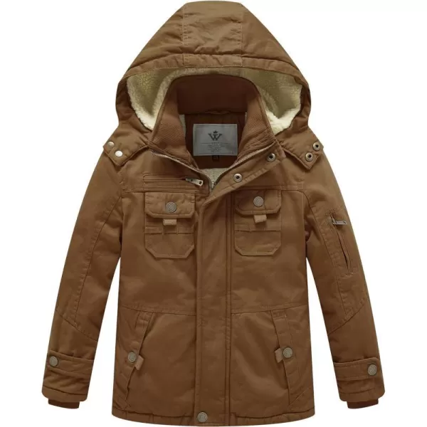 WenVen Boys Winter Sherpa Jacket Heavy Twill Cotton Military Coat with HoodBrown