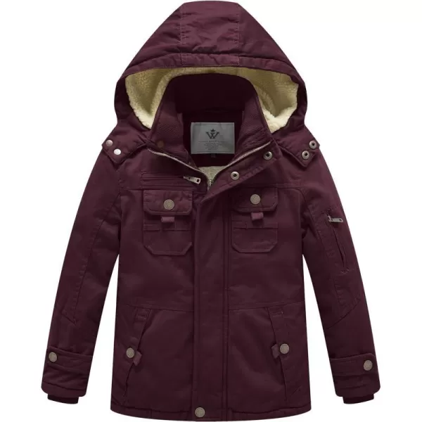WenVen Boys Winter Sherpa Jacket Heavy Twill Cotton Military Coat with HoodDeep Wine