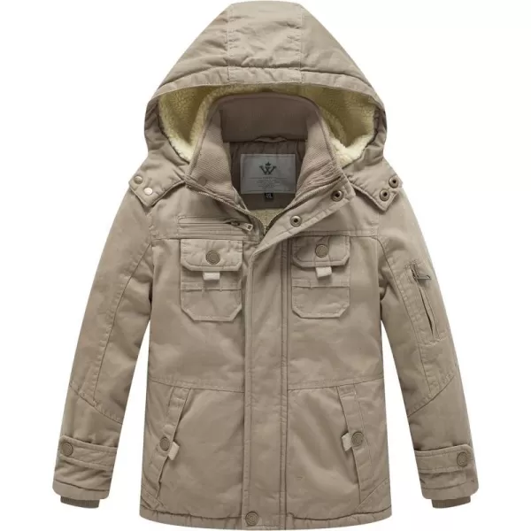 WenVen Boys Winter Sherpa Jacket Heavy Twill Cotton Military Coat with HoodKhaki
