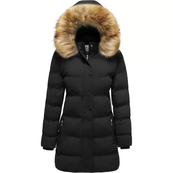 WenVen Womens Winter Long Puffer Coat Parka Jacket with Faux Fur Removable HoodBlack