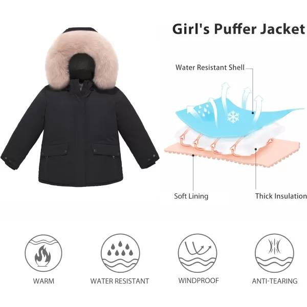 WenVen Girls Winter Thick Jacket Waterproof Warm Down Coat Detachable Hat Parka JacketBlack