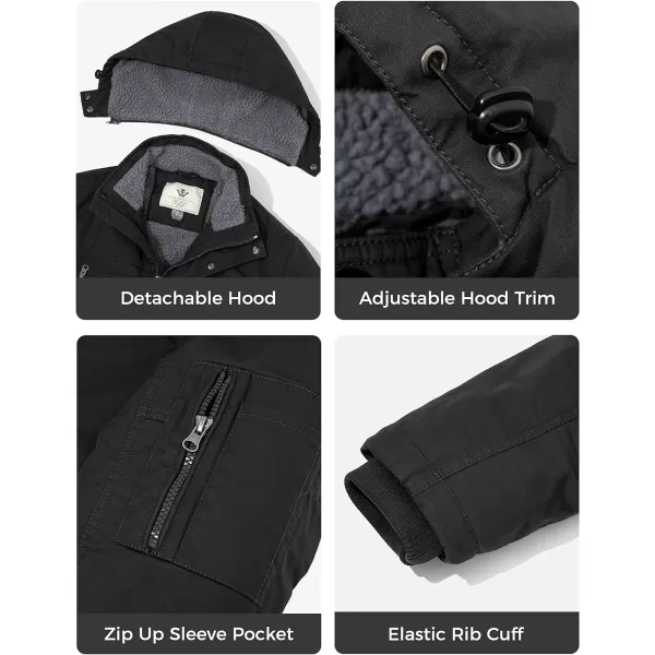 WenVen Mens Winter Warm Parka Jacket Sherpa Lined Cotton Coat with Detachable HoodBlack