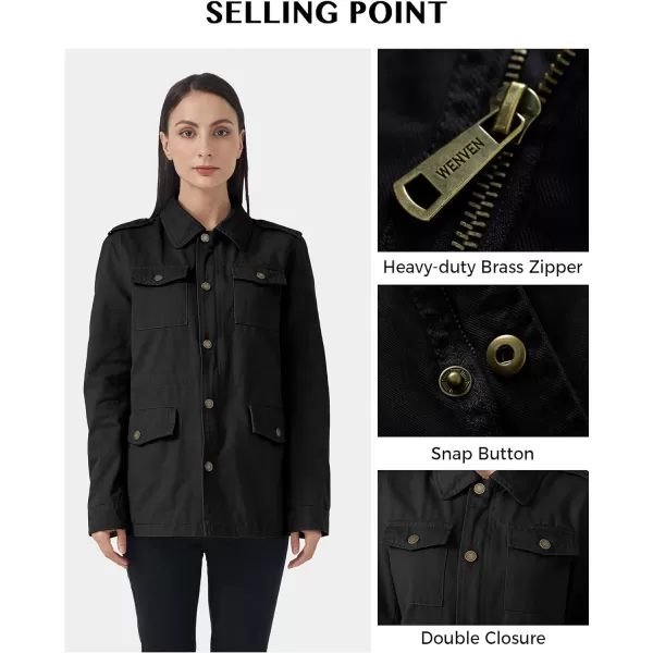 WenVen Womens Lightweight Canvas Cotton Military Jacket Utility Lapel AnorakBlack