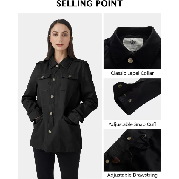 WenVen Womens Lightweight Canvas Cotton Military Jacket Utility Lapel AnorakBlack