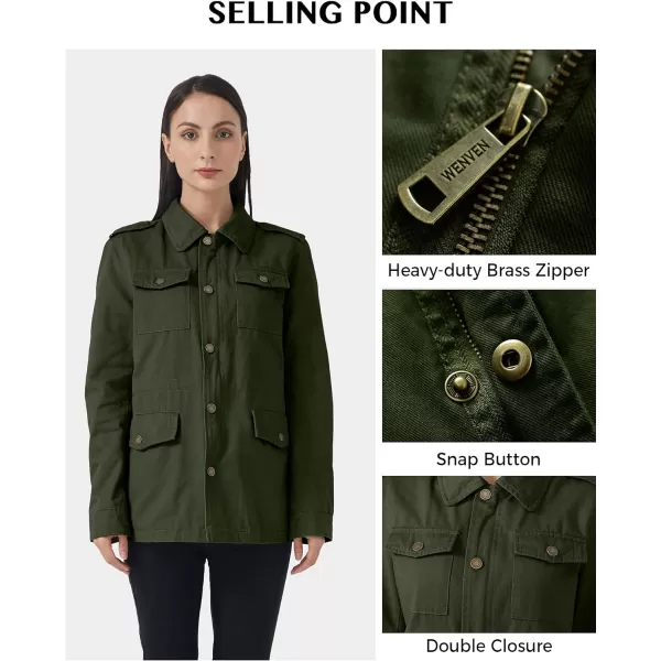 WenVen Womens Lightweight Canvas Cotton Military Jacket Utility Lapel AnorakGreen