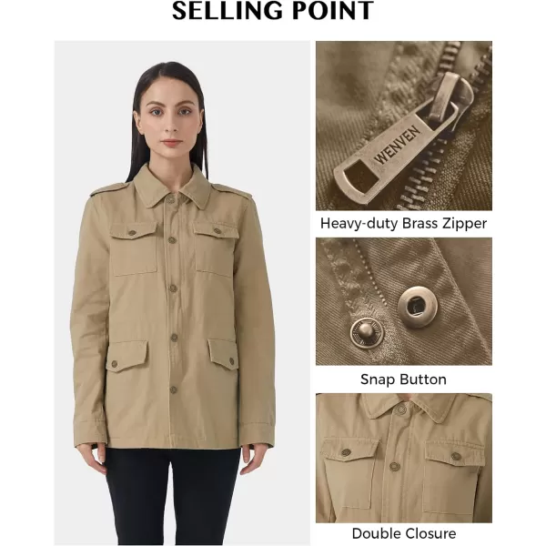 WenVen Womens Lightweight Canvas Cotton Military Jacket Utility Lapel AnorakKhaki
