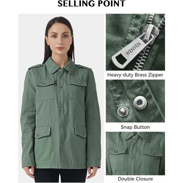 WenVen Womens Lightweight Canvas Cotton Military Jacket Utility Lapel AnorakLight Olive