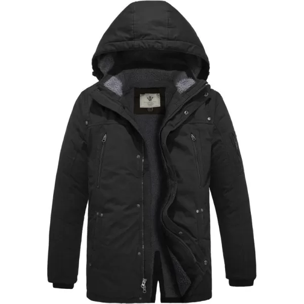WenVen Mens Winter Warm Parka Jacket Sherpa Lined Cotton Coat with Detachable HoodBlack