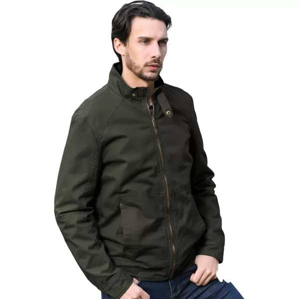 WenVen Mens Casual Canvas Cotton Military Jacket Lightweight Zip Up OutwearArmy Green