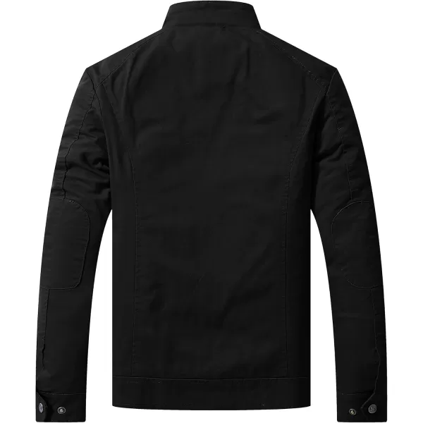 WenVen Mens Casual Canvas Cotton Military Jacket Lightweight Zip Up OutwearBlack