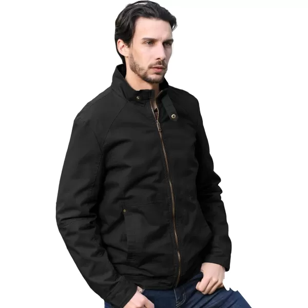WenVen Mens Casual Canvas Cotton Military Jacket Lightweight Zip Up OutwearBlack