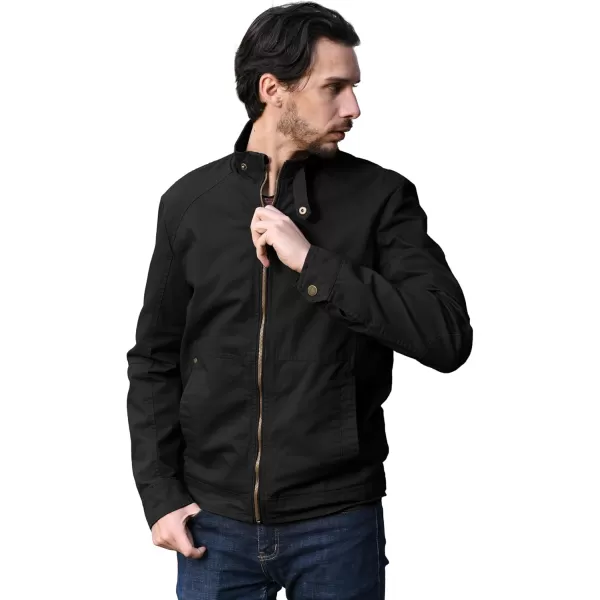 WenVen Mens Casual Canvas Cotton Military Jacket Lightweight Zip Up OutwearBlack
