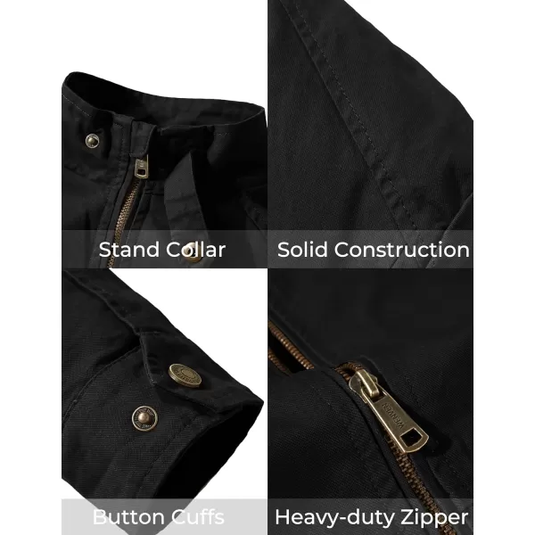 WenVen Mens Casual Canvas Cotton Military Jacket Lightweight Zip Up OutwearBlack