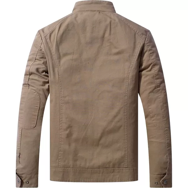 WenVen Mens Casual Canvas Cotton Military Jacket Lightweight Zip Up OutwearKhaki