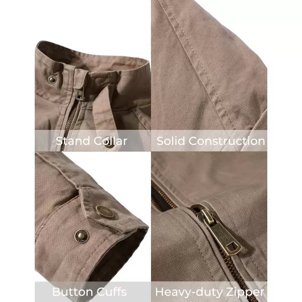 WenVen Mens Casual Canvas Cotton Military Jacket Lightweight Zip Up OutwearKhaki