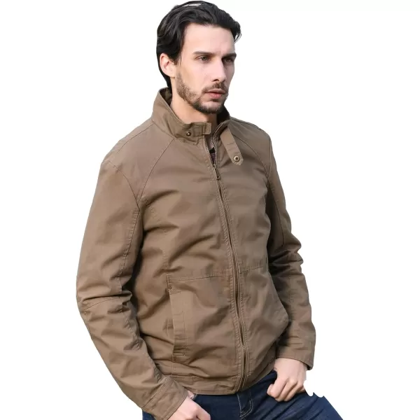 WenVen Mens Casual Canvas Cotton Military Jacket Lightweight Zip Up OutwearKhaki