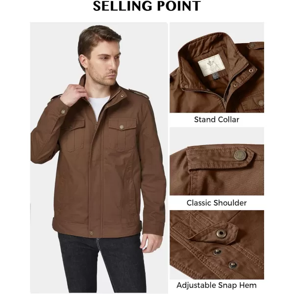 WenVen Mens Casual Washed Cotton Military JacketCoffee