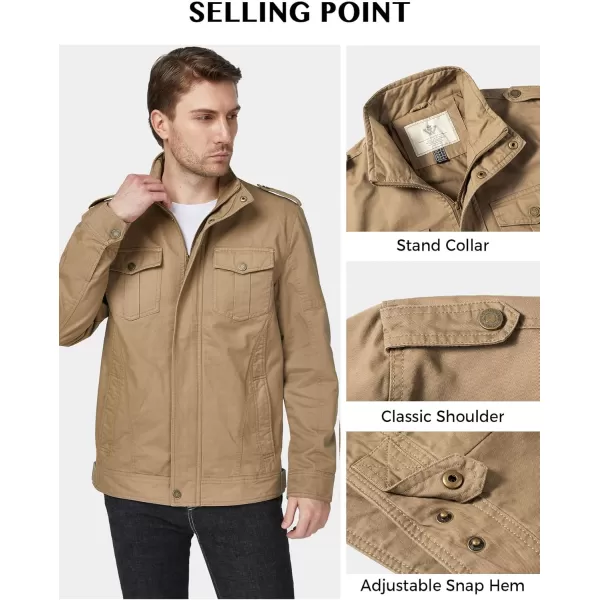 WenVen Mens Casual Washed Cotton Military JacketKhaki Brown