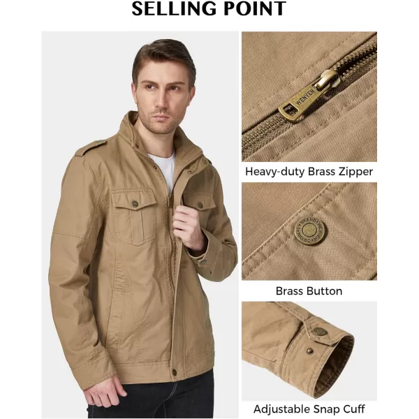 WenVen Mens Casual Washed Cotton Military JacketKhaki Brown