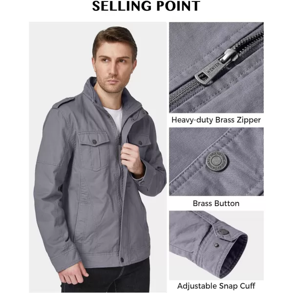 WenVen Mens Casual Washed Cotton Military JacketLight Grey