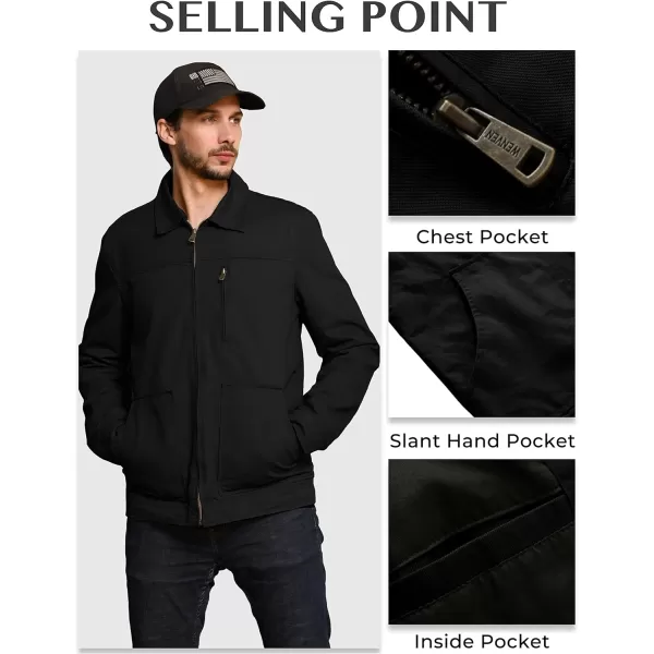 WenVen Mens Lightweight Cotton Canvas Work Jacket Casual Lapel WindbreakerBlack