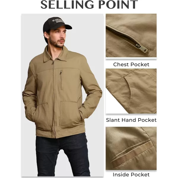 WenVen Mens Lightweight Cotton Canvas Work Jacket Casual Lapel WindbreakerKhaki