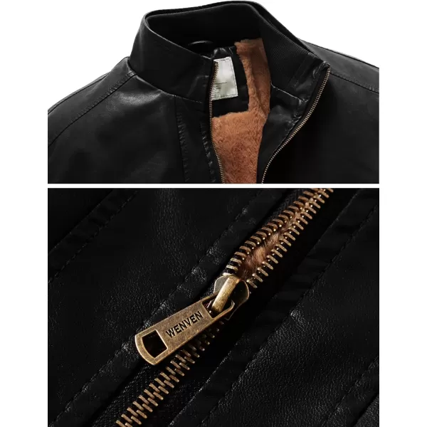 WenVen Mens Stand Collar Fleece Lined Bomber Faux Leather JacketBlack