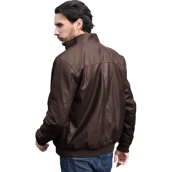 WenVen Mens Stand Collar Fleece Lined Bomber Faux Leather JacketBrown