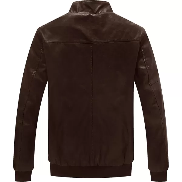 WenVen Mens Stand Collar Fleece Lined Bomber Faux Leather JacketBrown