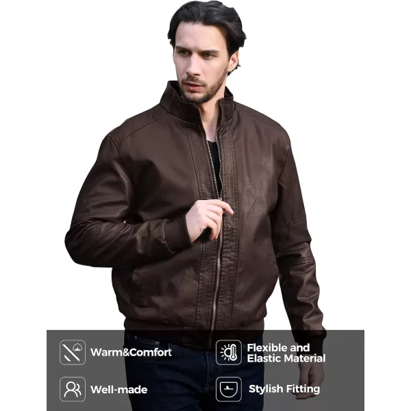 WenVen Mens Stand Collar Fleece Lined Bomber Faux Leather JacketBrown