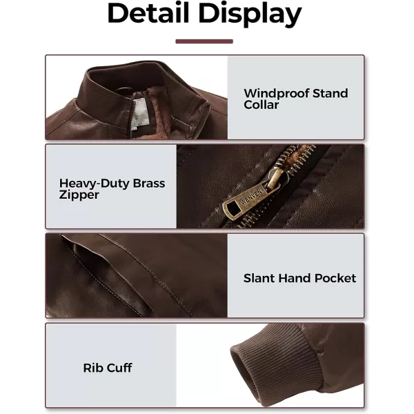 WenVen Mens Stand Collar Fleece Lined Bomber Faux Leather JacketBrown