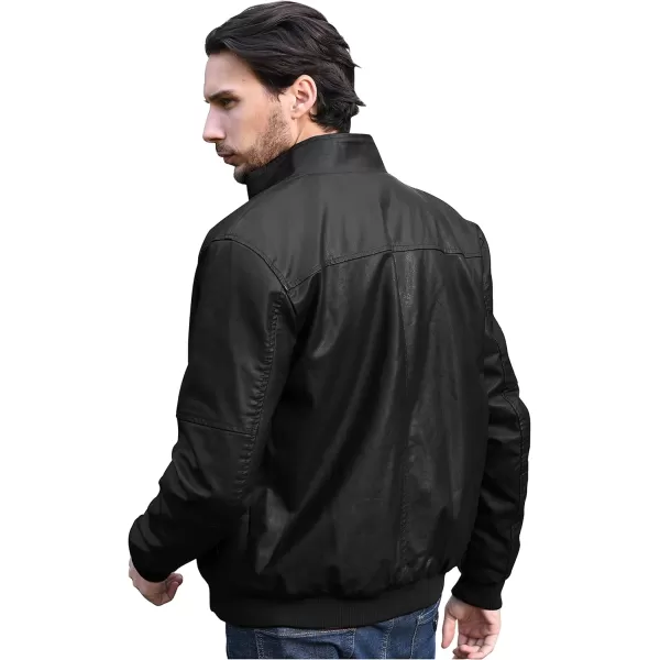 WenVen Mens Stand Collar Fleece Lined Bomber Faux Leather JacketDark Black