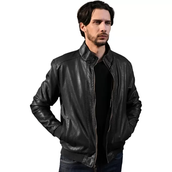 WenVen Mens Stand Collar Fleece Lined Bomber Faux Leather JacketDark Black